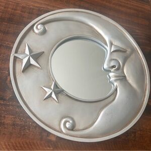 1990s Vintage Celestial Silver Tone Round Wall Mirror with Crescent Moon Face
